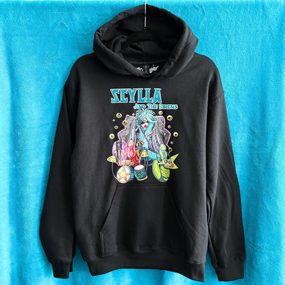 Black hoodie with 'Scylla and the Sirens' graphic design on a blue background