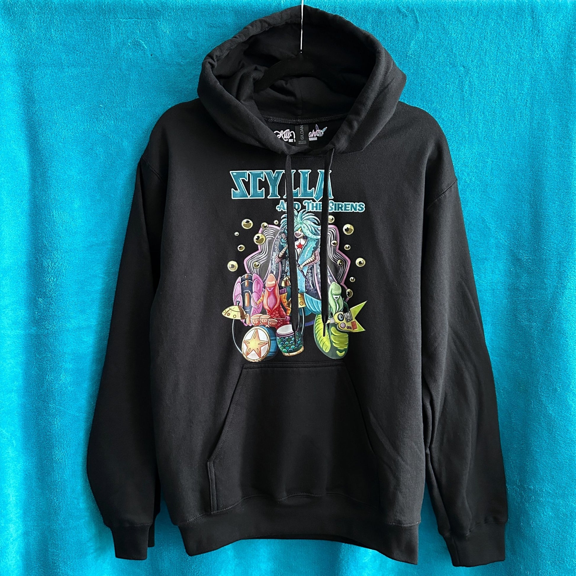 Black hoodie with colorful Scylla And The Sirens graphic design on a blue background