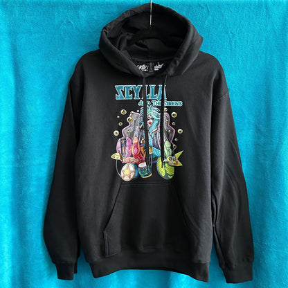 Black hoodie with colorful Scylla And The Sirens graphic design on a blue background